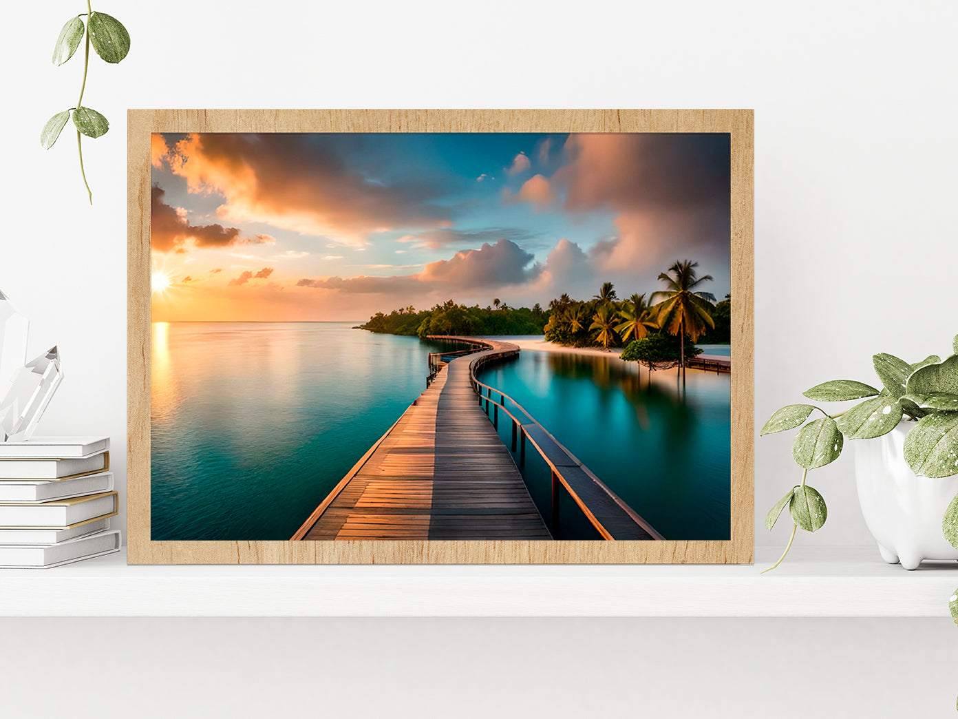 Wooden Pier Leading Into Island Glass Framed Wall Art, Ready to Hang Quality Print Without White Border Oak