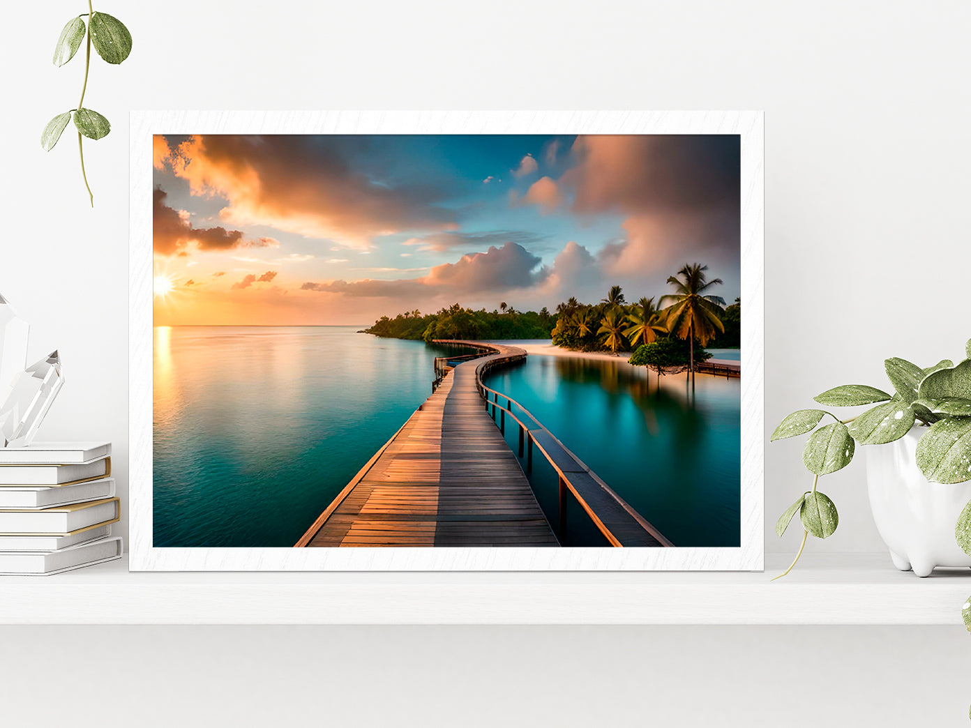 Wooden Pier Leading Into Island Glass Framed Wall Art, Ready to Hang Quality Print Without White Border White