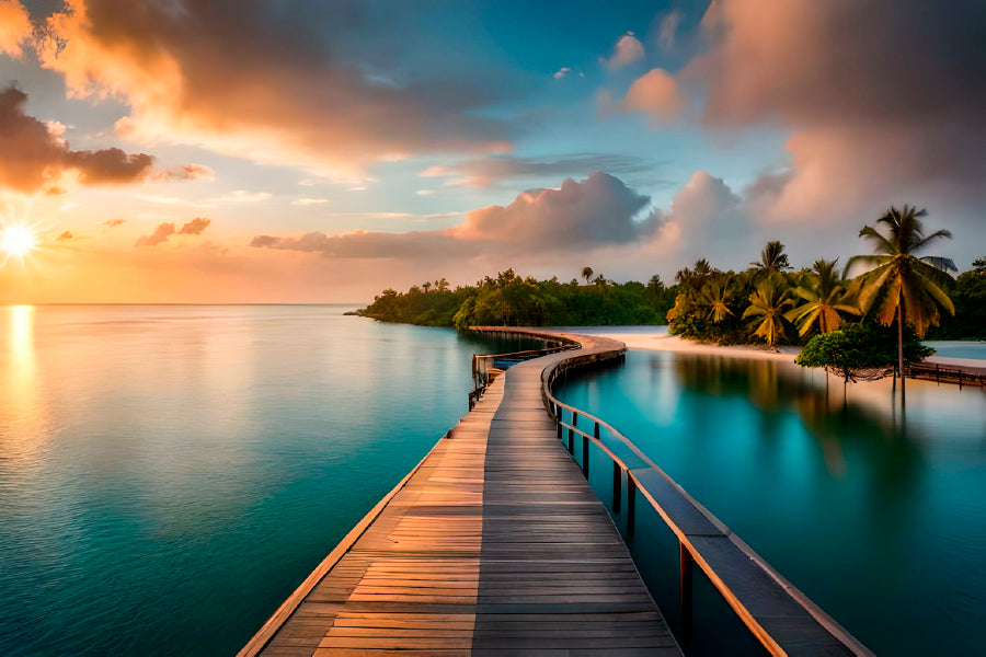 Wooden Pier Leading Into Island Glass Framed Wall Art, Ready to Hang Quality Print