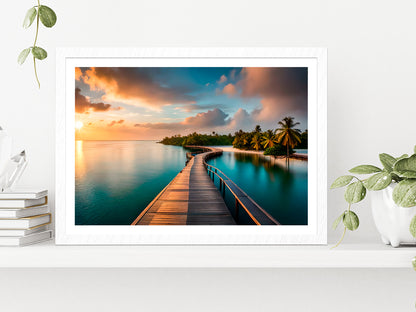 Wooden Pier Leading Into Island Glass Framed Wall Art, Ready to Hang Quality Print With White Border White