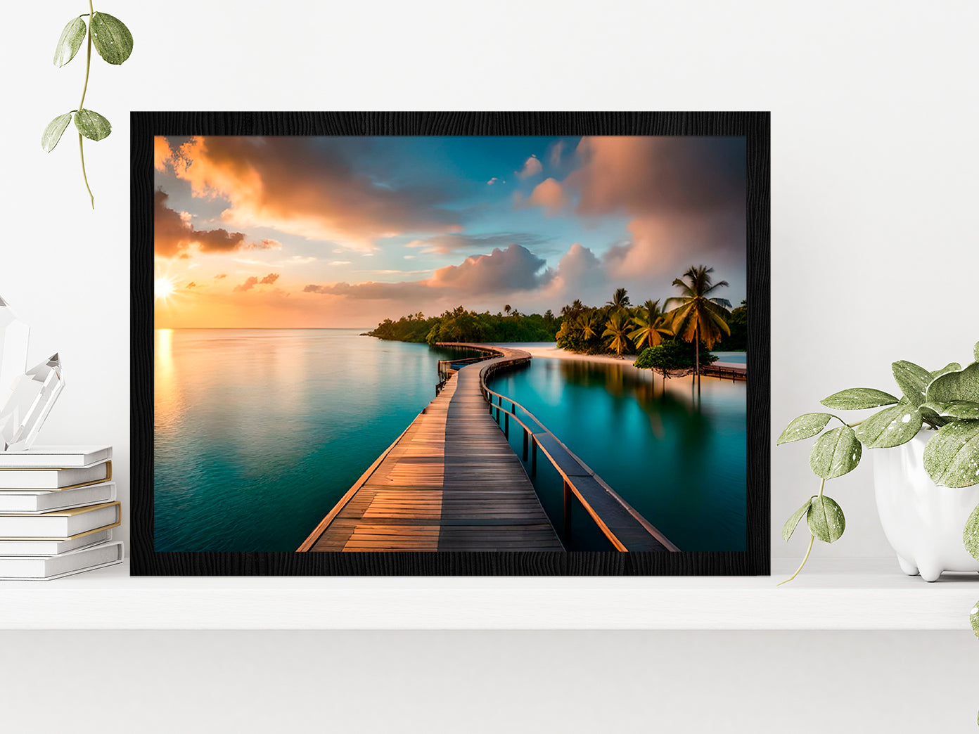 Wooden Pier Leading Into Island Glass Framed Wall Art, Ready to Hang Quality Print Without White Border Black