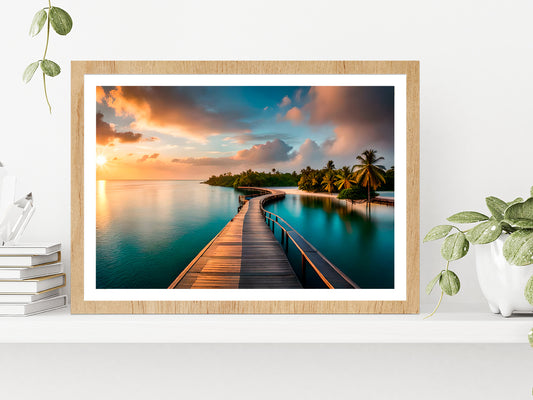 Wooden Pier Leading Into Island Glass Framed Wall Art, Ready to Hang Quality Print With White Border Oak