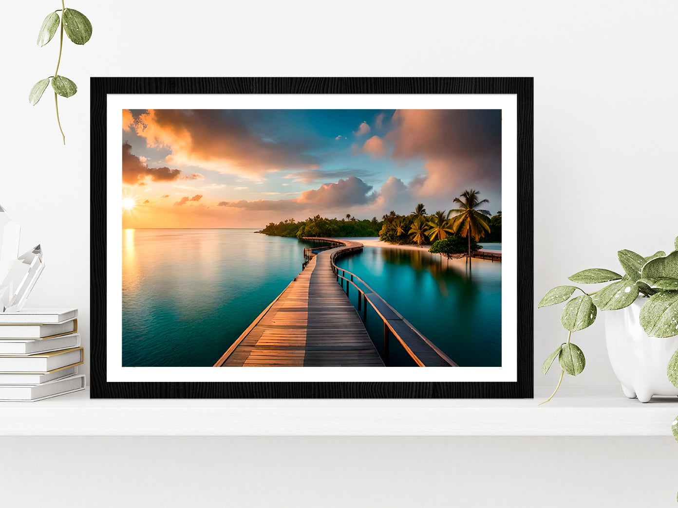 Wooden Pier Leading Into Island Glass Framed Wall Art, Ready to Hang Quality Print With White Border Black