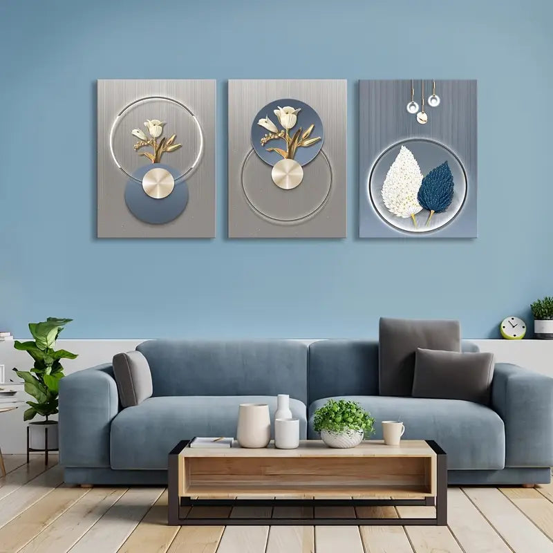 3pcs Abstract Flower Wall Art Metal Print Ready to Hang Art - Bella Home Decor