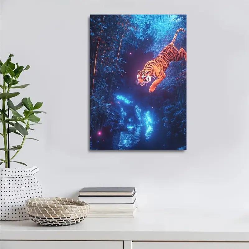 Tiger Swinging in Bamboo Grove with Neon 40x60cm Metal Print Ready to Hang - Bella Home Decor