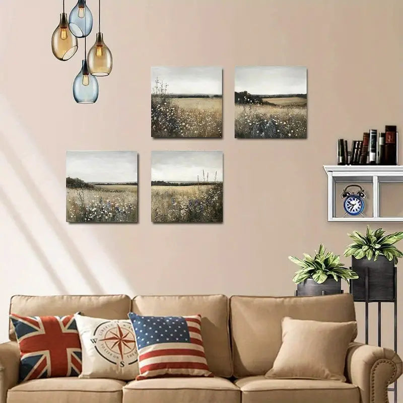 4pcs Grass And Flower Painting Wall Art Canvas Framed