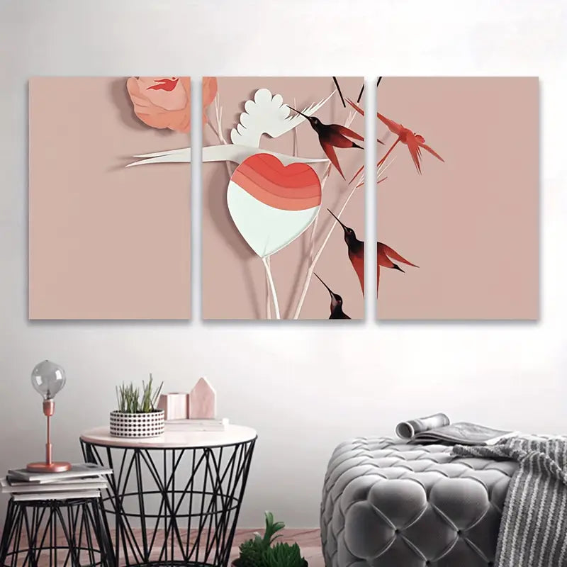 3pcs Soft Peach Beige Triptych Paintings Metal Print Ready to Hang Art