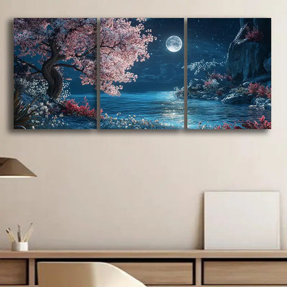3pcs Japanese Cherry Blossom Tree & Night Sky Metal Print Ready to Hang Art