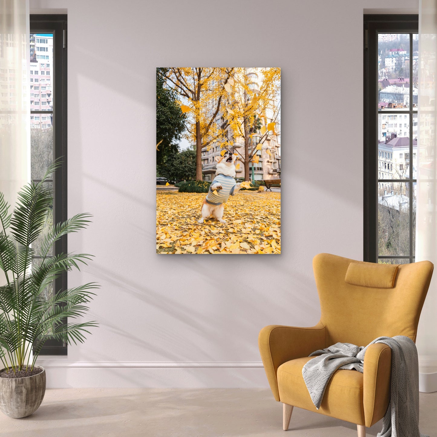 Corgi Jumping for Autumn Leaves Metal Print Ready to Hang