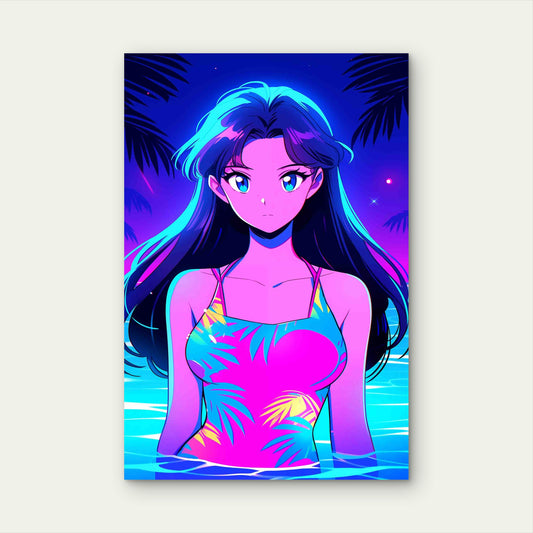 Cartoon Illustration Girl Wearing Swimsuit Summer 60x90cm Metal Print Ready to Hang