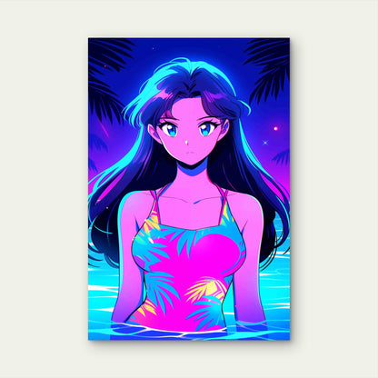 Cartoon Illustration Girl Wearing Swimsuit 40x60cm Metal Print Ready to Hang - Bella Home Decor