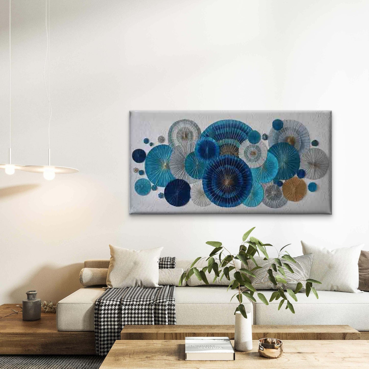 Blue and White Chinese Fan Wall Art Canvas Office Home Room Framed 120x60cm - Bella Home Decor