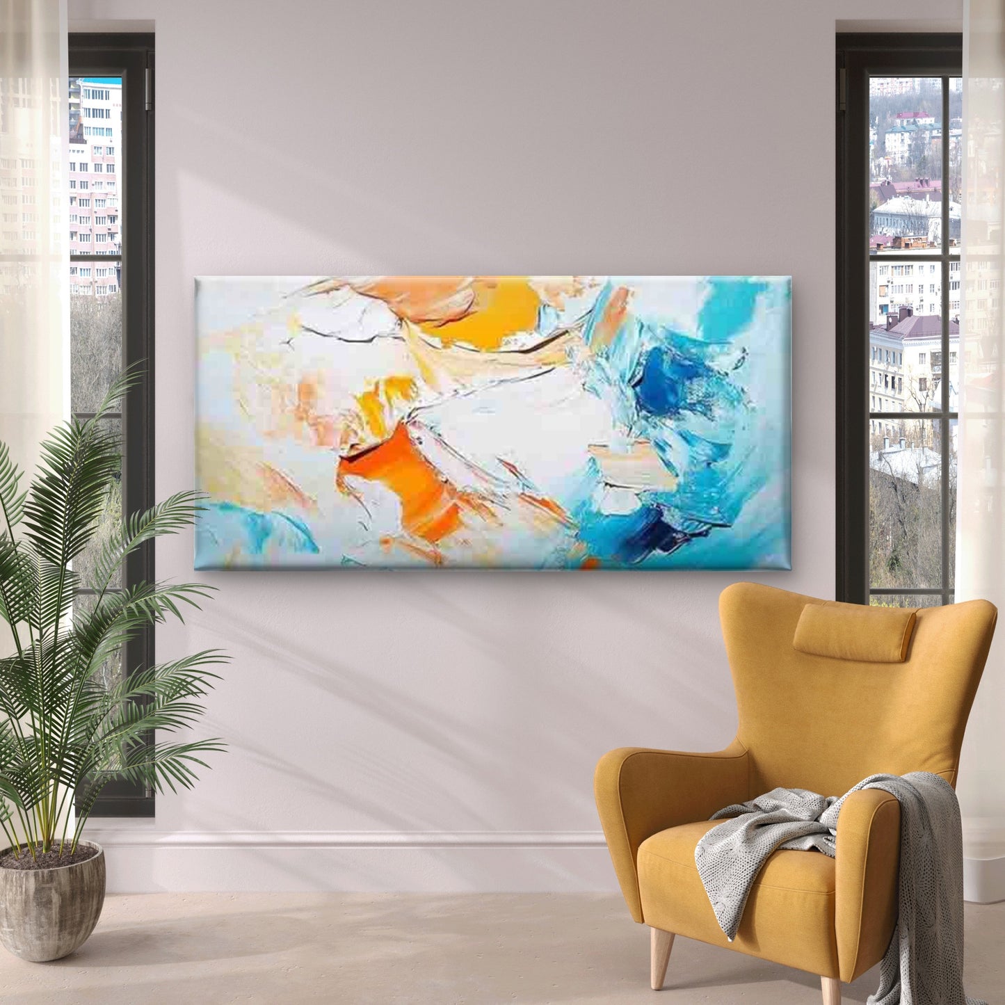 Blue, Orange, and White Swirls Wall Art Canvas Office Home Room Framed 120x60cm