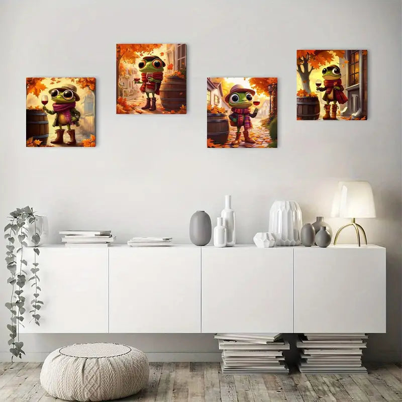 4pcs  Frog Wine Heels  Wall Art Canvas Framed