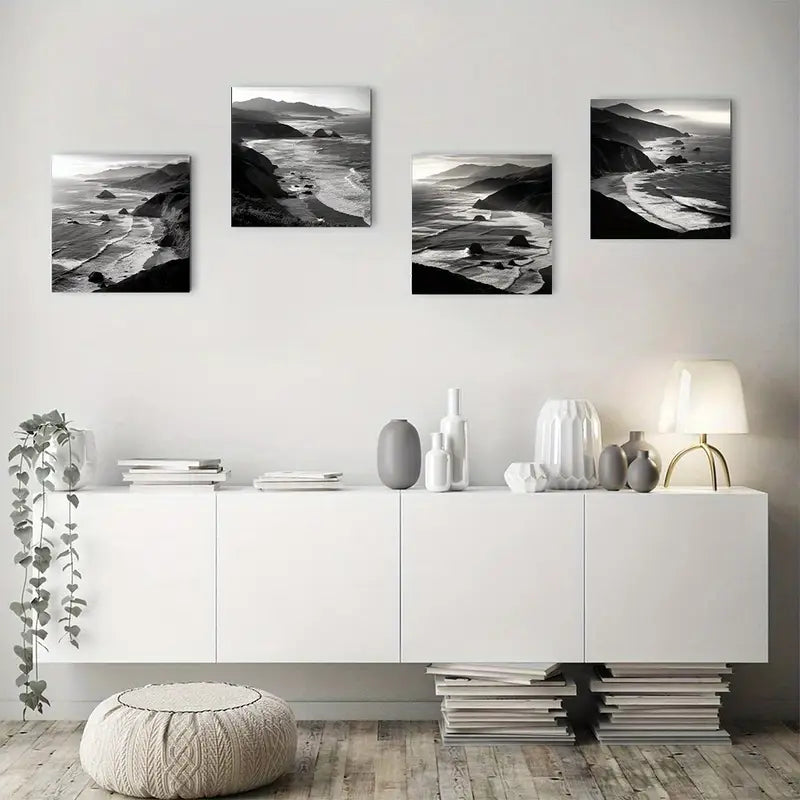 4pcs Black & White Coastal Landscape with Waves Wall Art Canvas Framed