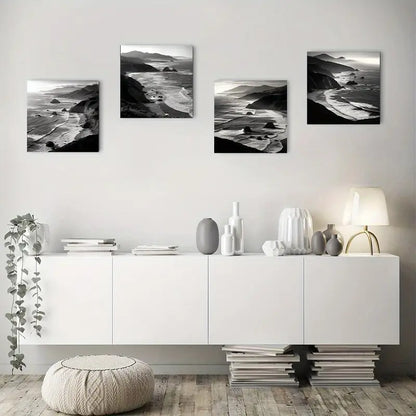 4pcs Black & White Coastal Landscape with Waves Wall Art Canvas Framed