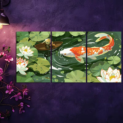 3pcs Fisherman on Boat Casting Net in Lotus Pond Wall Art Set Canvas Framed 50x70cm - High Quality Print 100% Australian Made Wall Canvas Ready to Hang