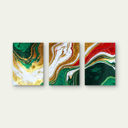 3pcs Green Red Luxury Fluid Gold Swirls Wall Art Set Canvas Framed 50x70cm - High Quality Print 100% Australian Made Wall Canvas Ready to Hang