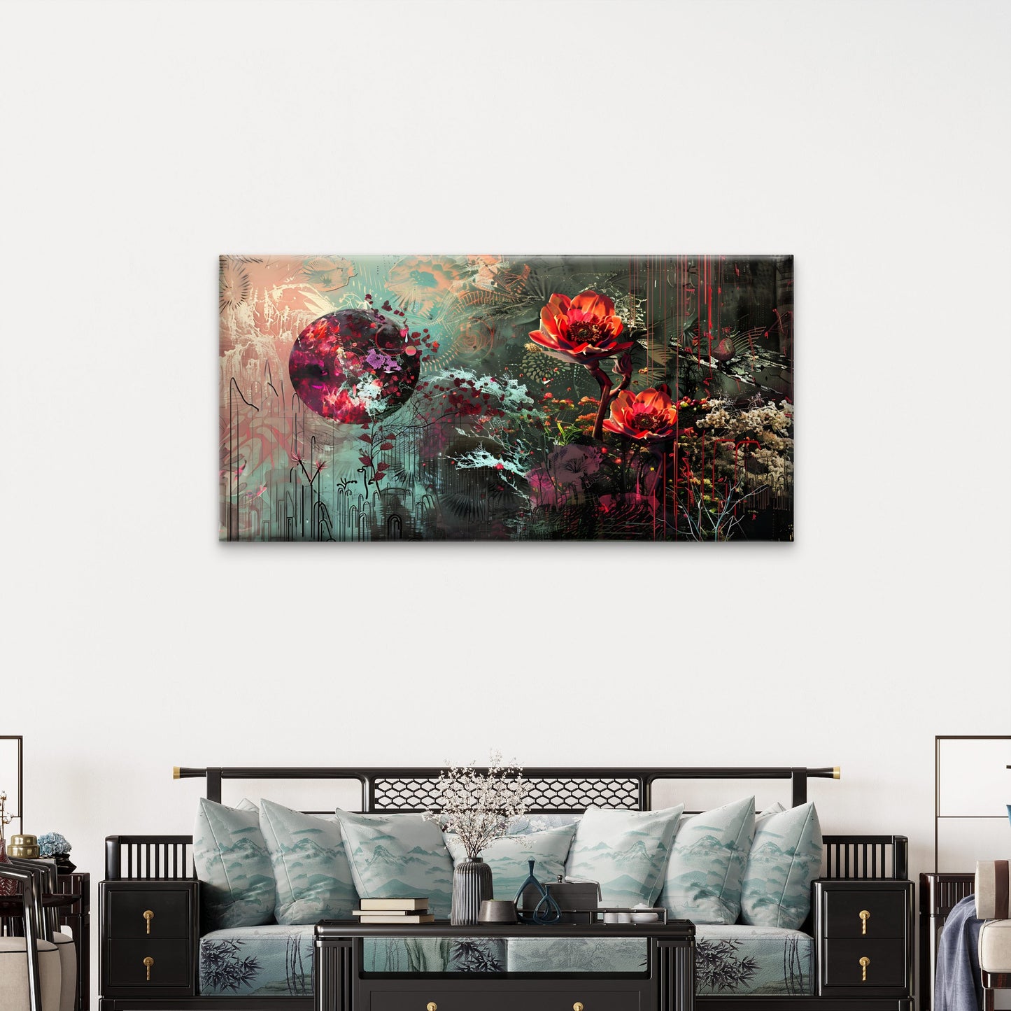 Dark Abstract Floral Art Wall Art Canvas Office Home Room Framed 120x60cm