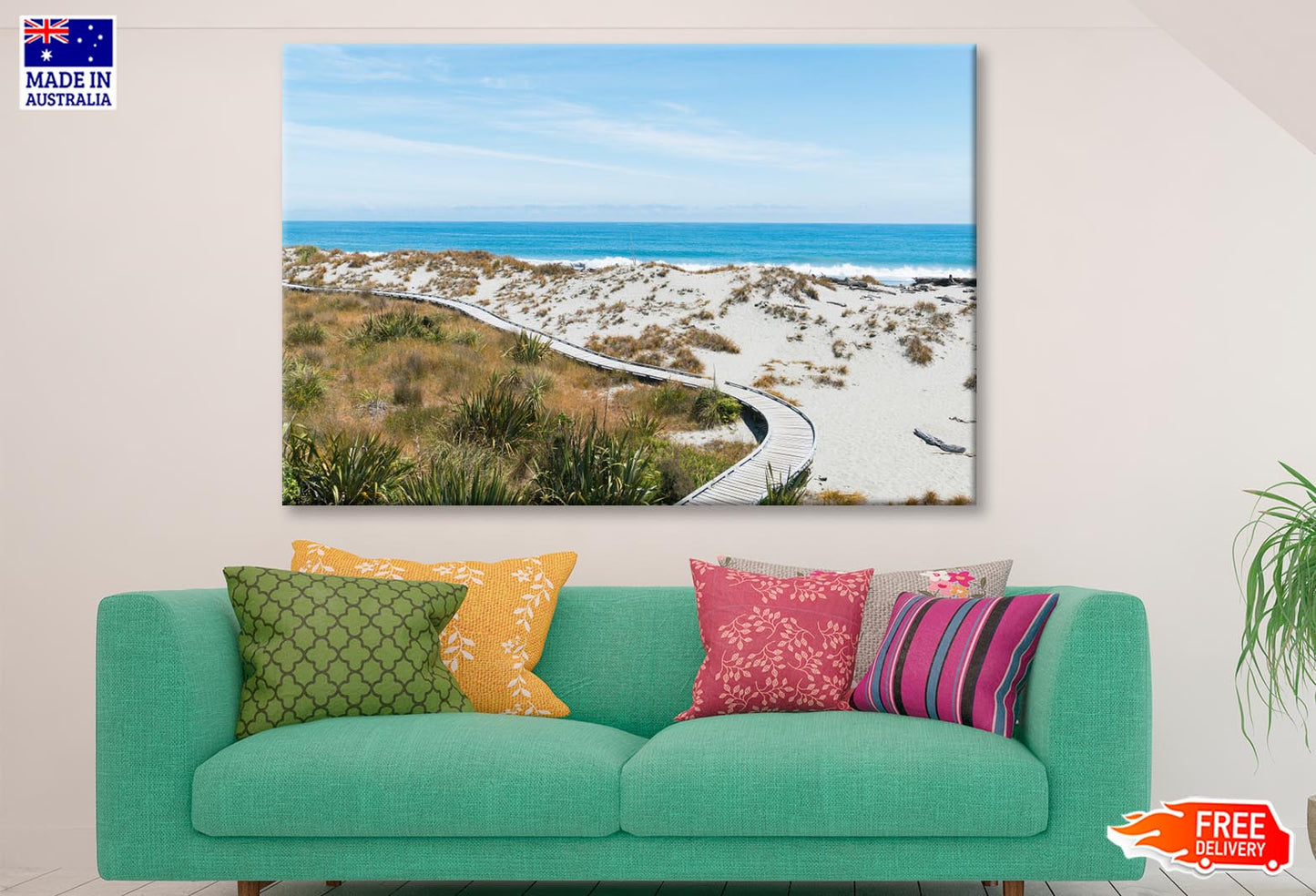 Sand Beach with Wooden Walking Path and Coast Skyline Background Wall Art Decor 100% Australian Made