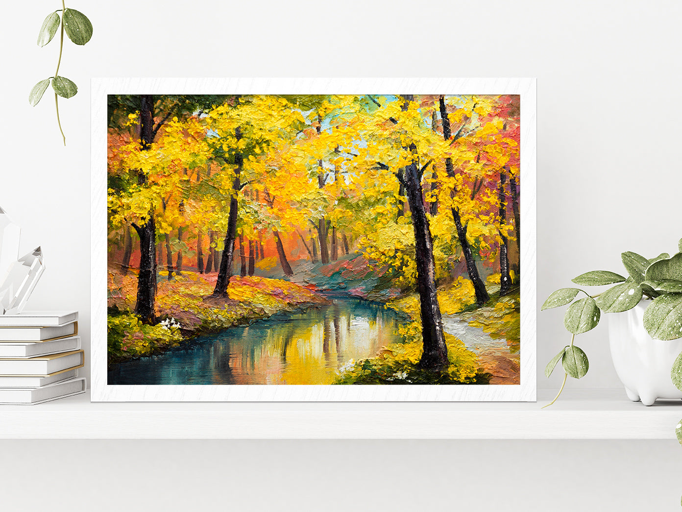 Autumn Trees With Lake In Forest Oil Painting Glass Framed Wall Art, Ready to Hang Quality Print Without White Border White