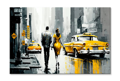 Street View of New York, Man & Woman Oil Painting Wall Art Limited Edition High Quality Print Stretched Canvas None