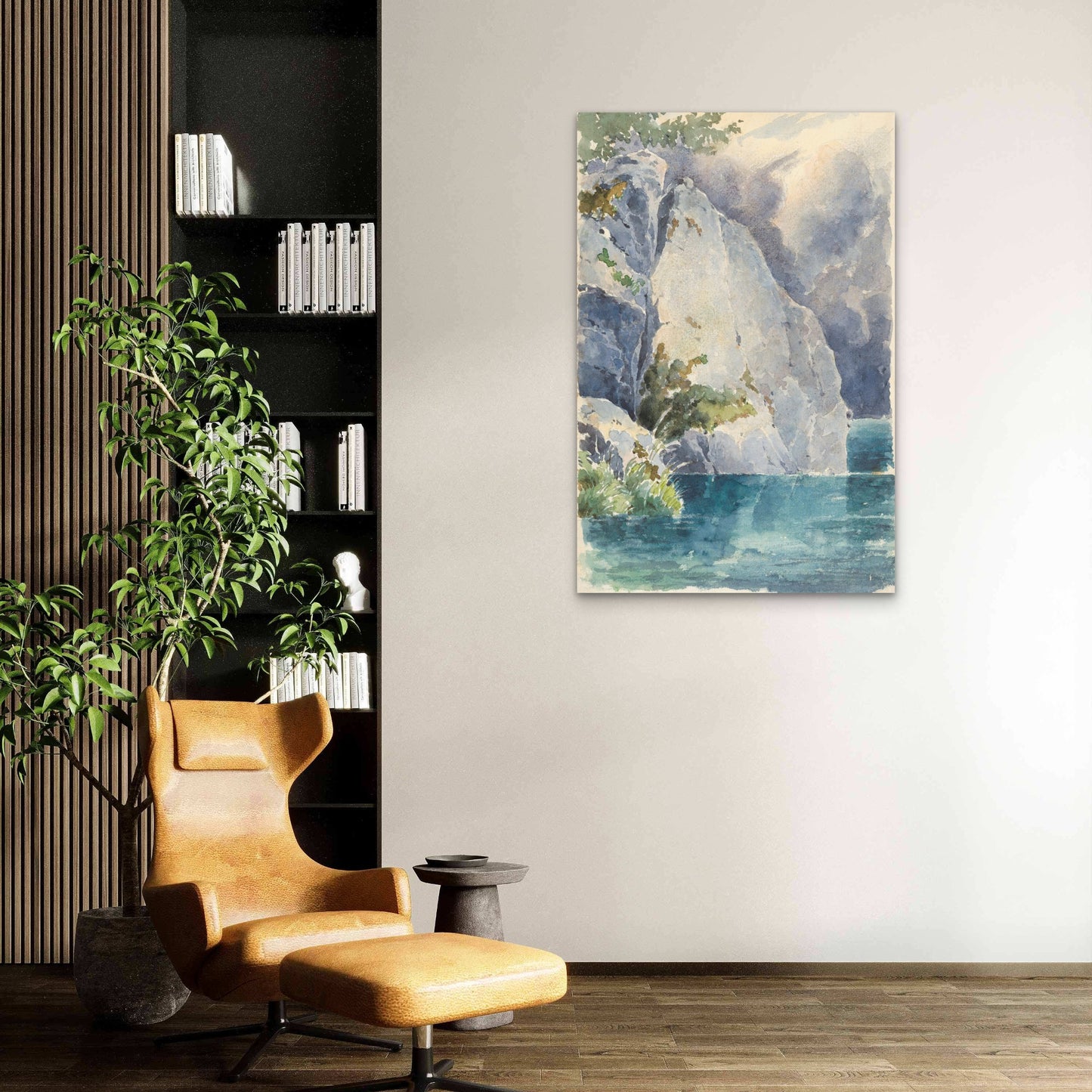 Vintage Blue Lake Mountain Cliff 60x90cm Metal Print Ready to Hang - Bella Home Decor