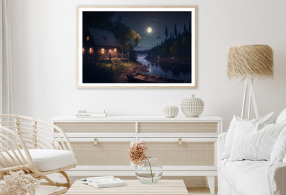 House, Trees, Lake at Night Home Decor Premium Quality Poster Print Choose Your Sizes