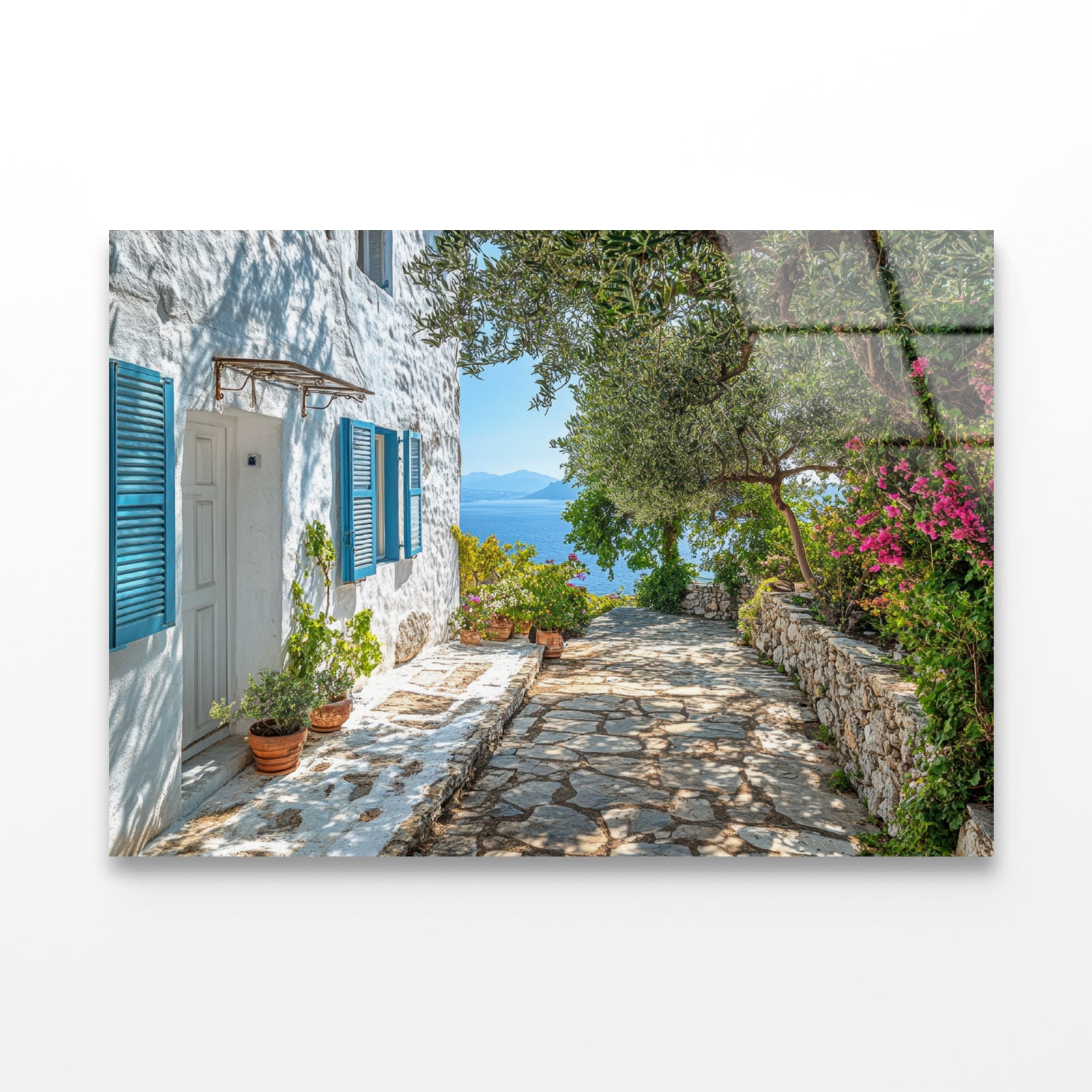 A White House with Blue Shutters and a Blue Door Acrylic Glass Print Tempered Glass Wall Art 100% Made in Australia Ready to Hang - Bella Home Decor