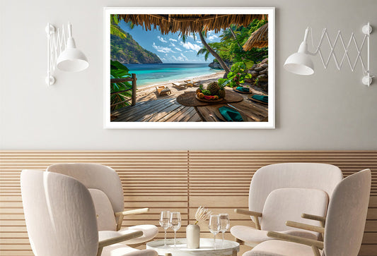 Table with Fruit and a Straw Umbrella on a Beach Home Decor Premium Quality Poster Print Choose Your Sizes