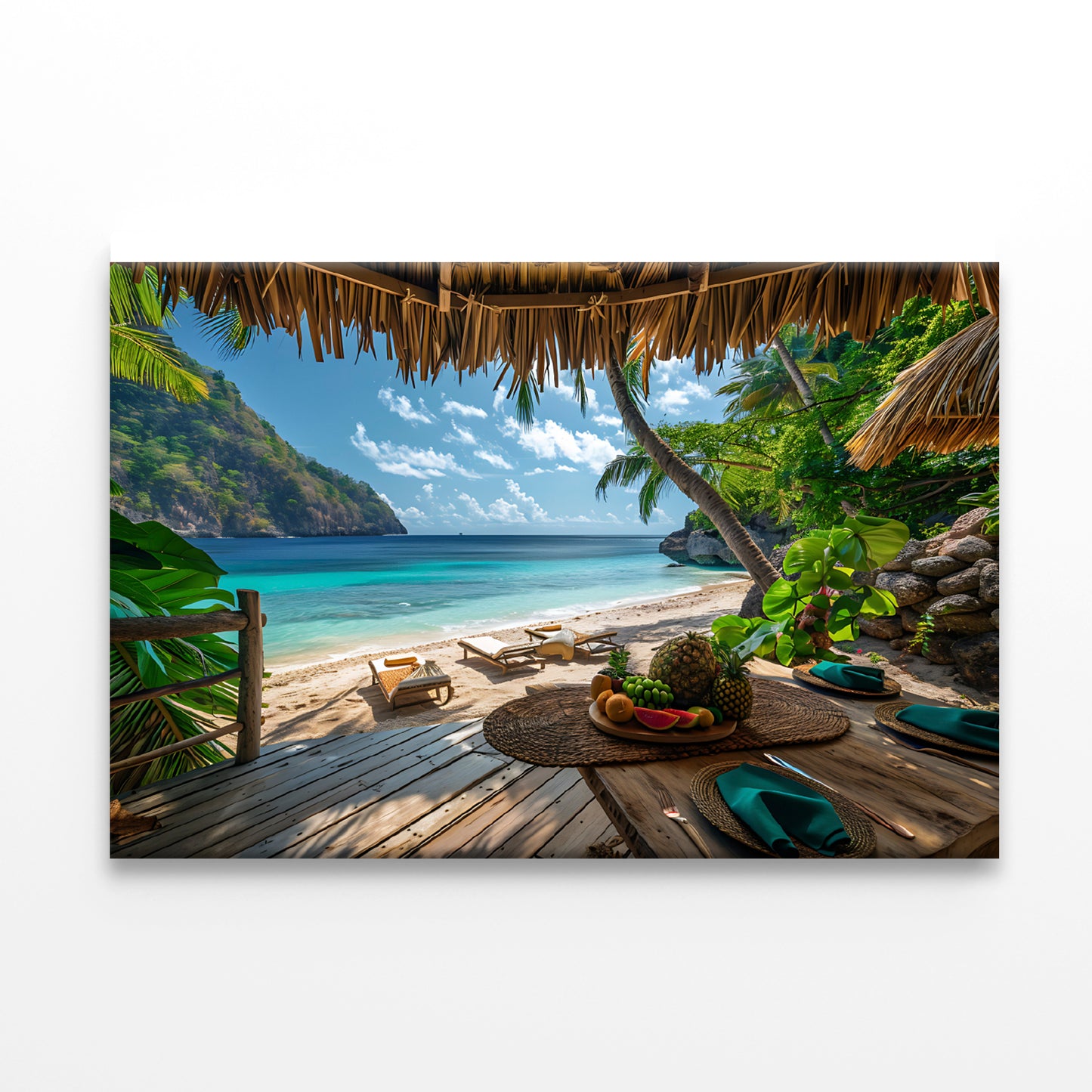 Table with Fruit and a Straw Umbrella on a Beach Print 100% Australian Made - Bella Home Decor