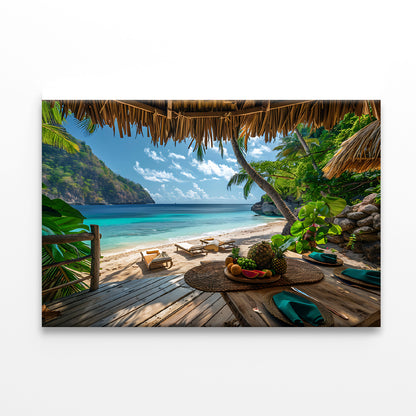 Table with Fruit and a Straw Umbrella on a Beach Print 100% Australian Made - Bella Home Decor