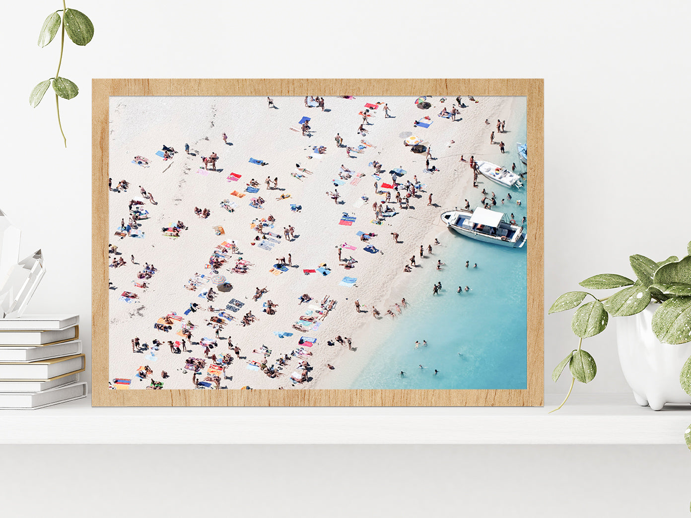 People on Sand Beach Aerial View Photograph Glass Framed Wall Art, Ready to Hang Quality Print Without White Border Oak