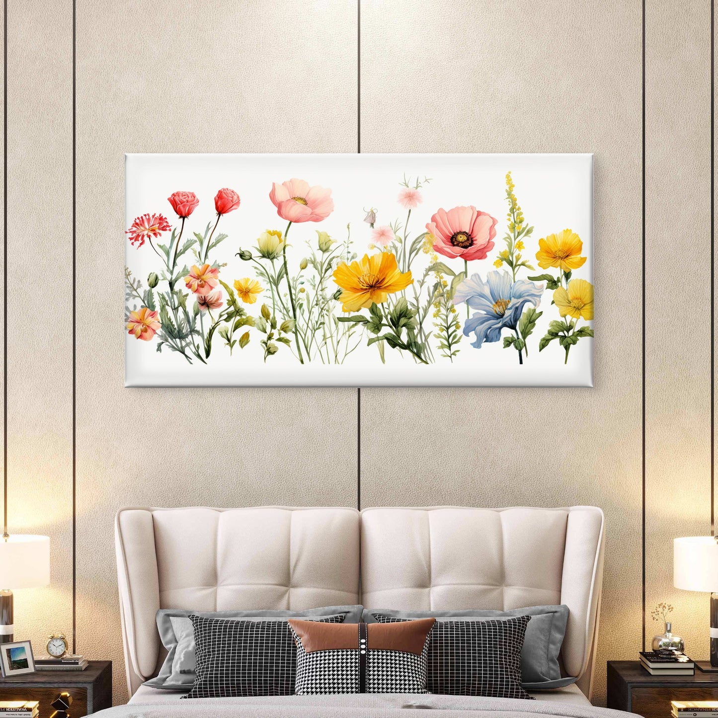 Watercolor Wildflowers Floral Wall Art Canvas Office Home Room Framed 120x60cm - Bella Home Decor