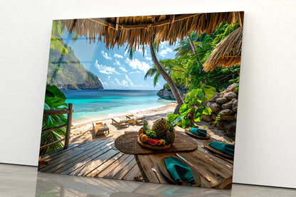 Table with Fruit and a Straw Umbrella on a Beach Acrylic Glass Print Tempered Glass Wall Art 100% Made in Australia Ready to Hang - Bella Home Decor