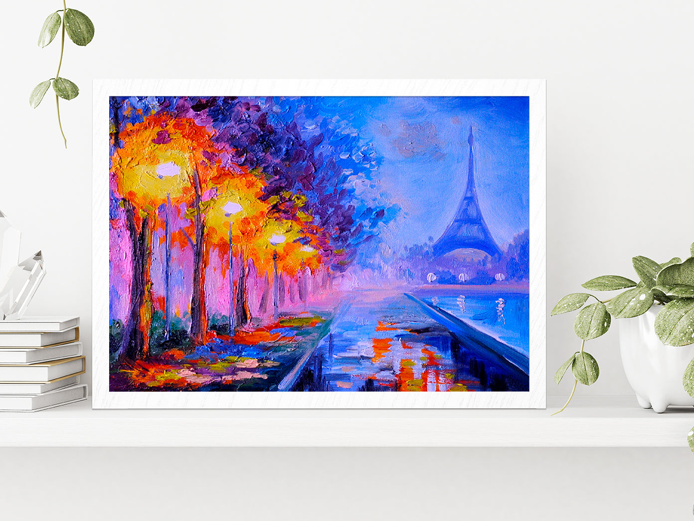 Eiffel Tower Night Street Paint Glass Framed Wall Art, Ready to Hang Quality Print Without White Border White