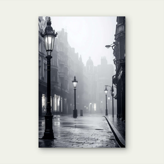 Vintage Black White Foggy London Street 40x60cm Metal Print Ready to Hang
