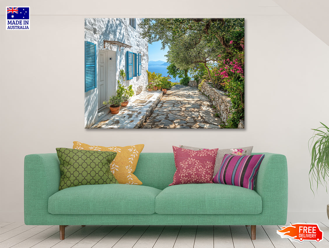 A White House with Blue Shutters and a Blue Door Print 100% Australian Made - Bella Home Decor