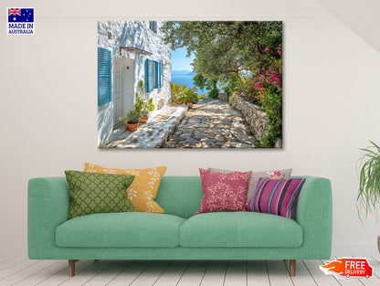 A White House with Blue Shutters and a Blue Door Print 100% Australian Made - Bella Home Decor