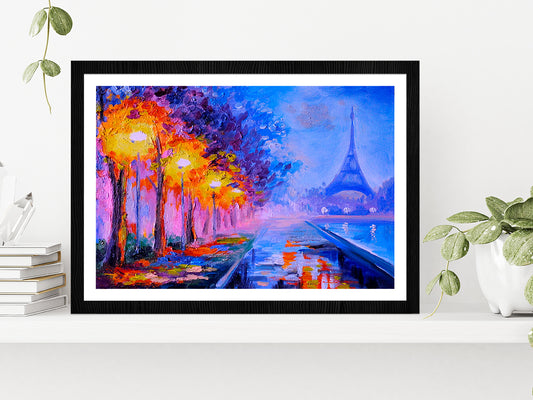 Eiffel Tower Night Street Paint Glass Framed Wall Art, Ready to Hang Quality Print With White Border Black