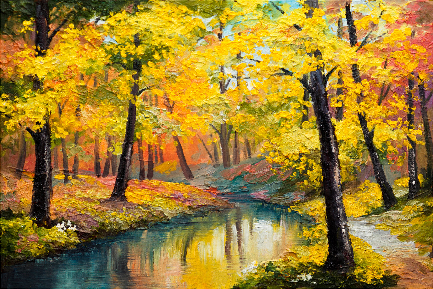 Autumn Trees With Lake In Forest Oil Painting Glass Framed Wall Art, Ready to Hang Quality Print