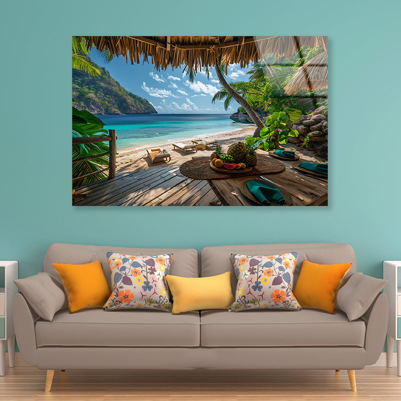 Table with Fruit and a Straw Umbrella on a Beach Acrylic Glass Print Tempered Glass Wall Art 100% Made in Australia Ready to Hang - Bella Home Decor