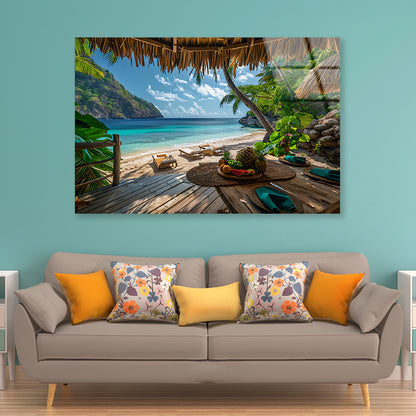 Table with Fruit and a Straw Umbrella on a Beach Acrylic Glass Print Tempered Glass Wall Art 100% Made in Australia Ready to Hang - Bella Home Decor