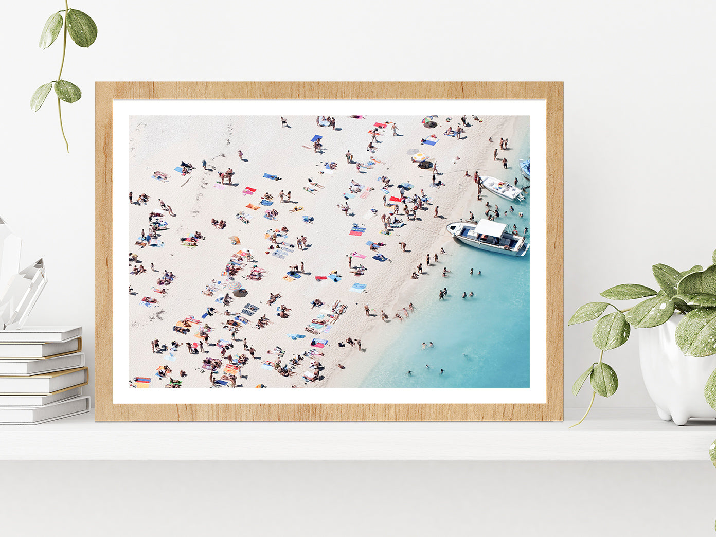 People on Sand Beach Aerial View Photograph Glass Framed Wall Art, Ready to Hang Quality Print With White Border Oak