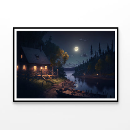 House, Trees, Lake at Night Home Decor Premium Quality Poster Print Choose Your Sizes