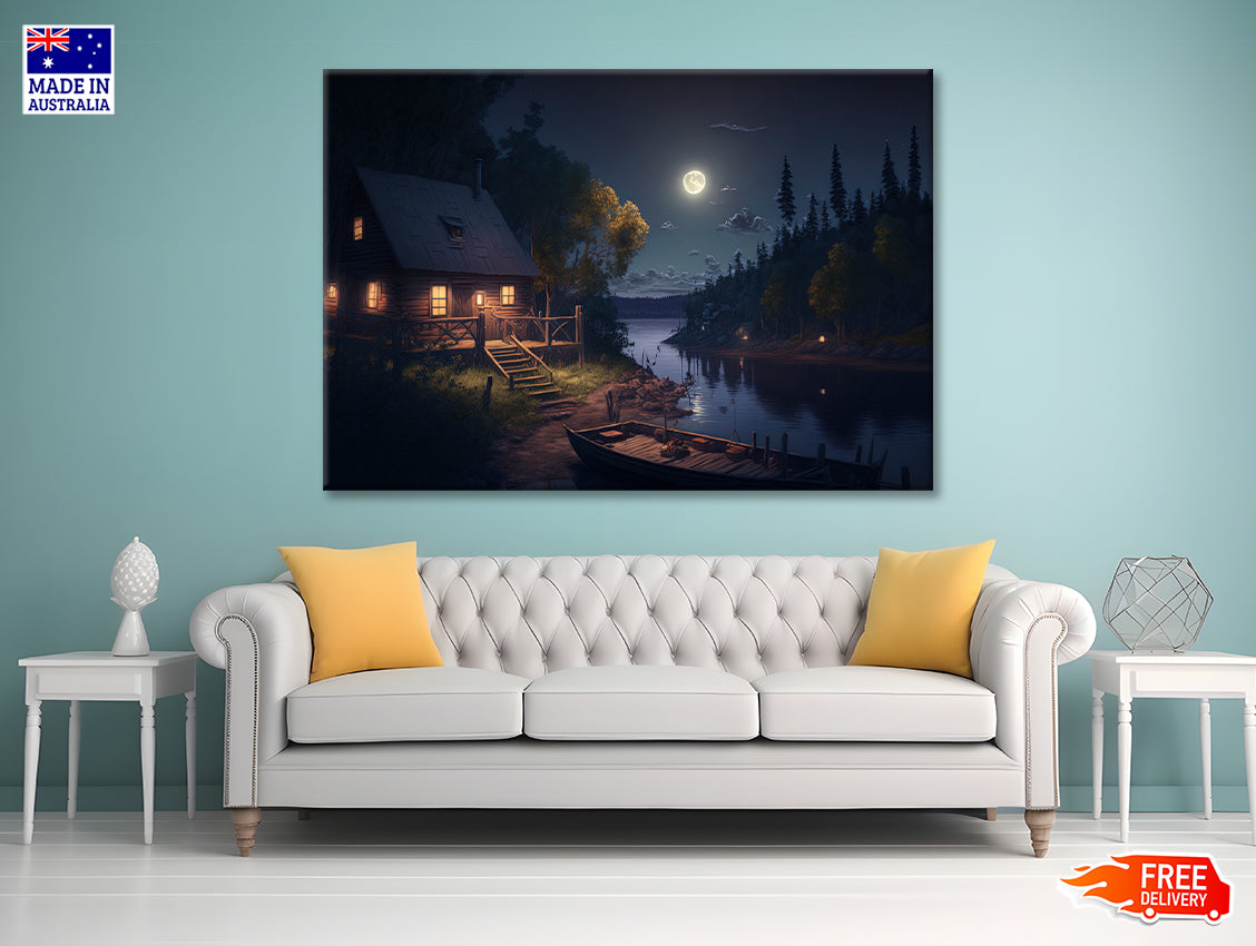 House, Trees, Lake at Night Print 100% Australian Made - Bella Home Decor