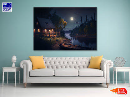 House, Trees, Lake at Night Print 100% Australian Made - Bella Home Decor