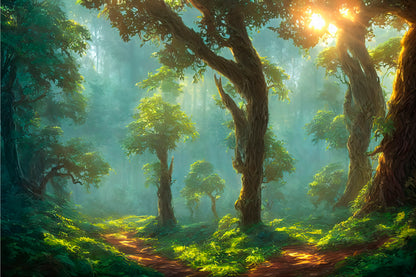 Morning Fairy Forest Sun Foliage Tree Trunks Wall Art Decor 100% Australian Made