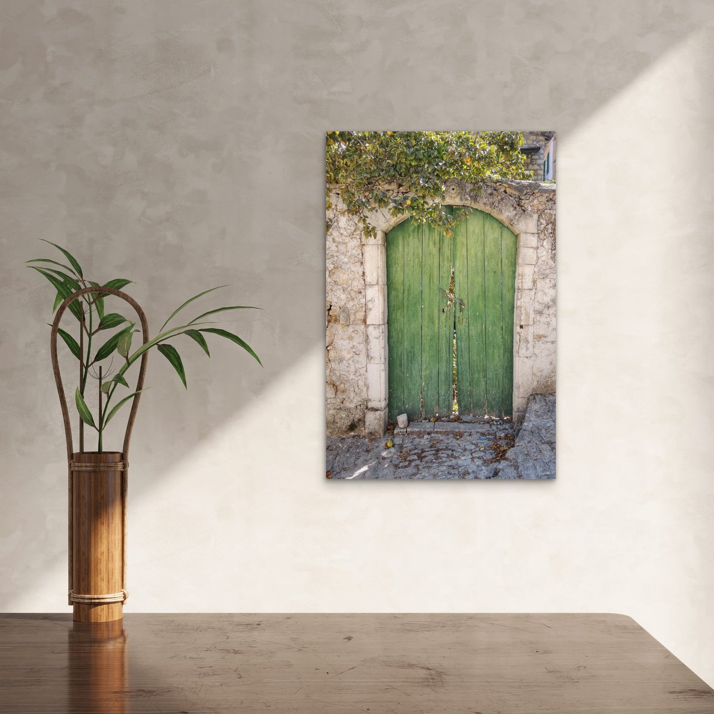 Old Green Wooden Door Set In a Stone Wall 60x90cm Metal Print Ready to Hang - Bella Home Decor