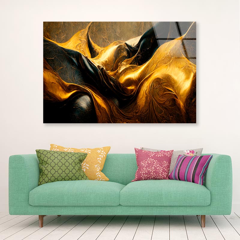 Black And Gold Waves Abstract  Acrylic Glass Print Tempered Glass Wall Art 100% Made in Australia Ready to Hang - Bella Home Decor